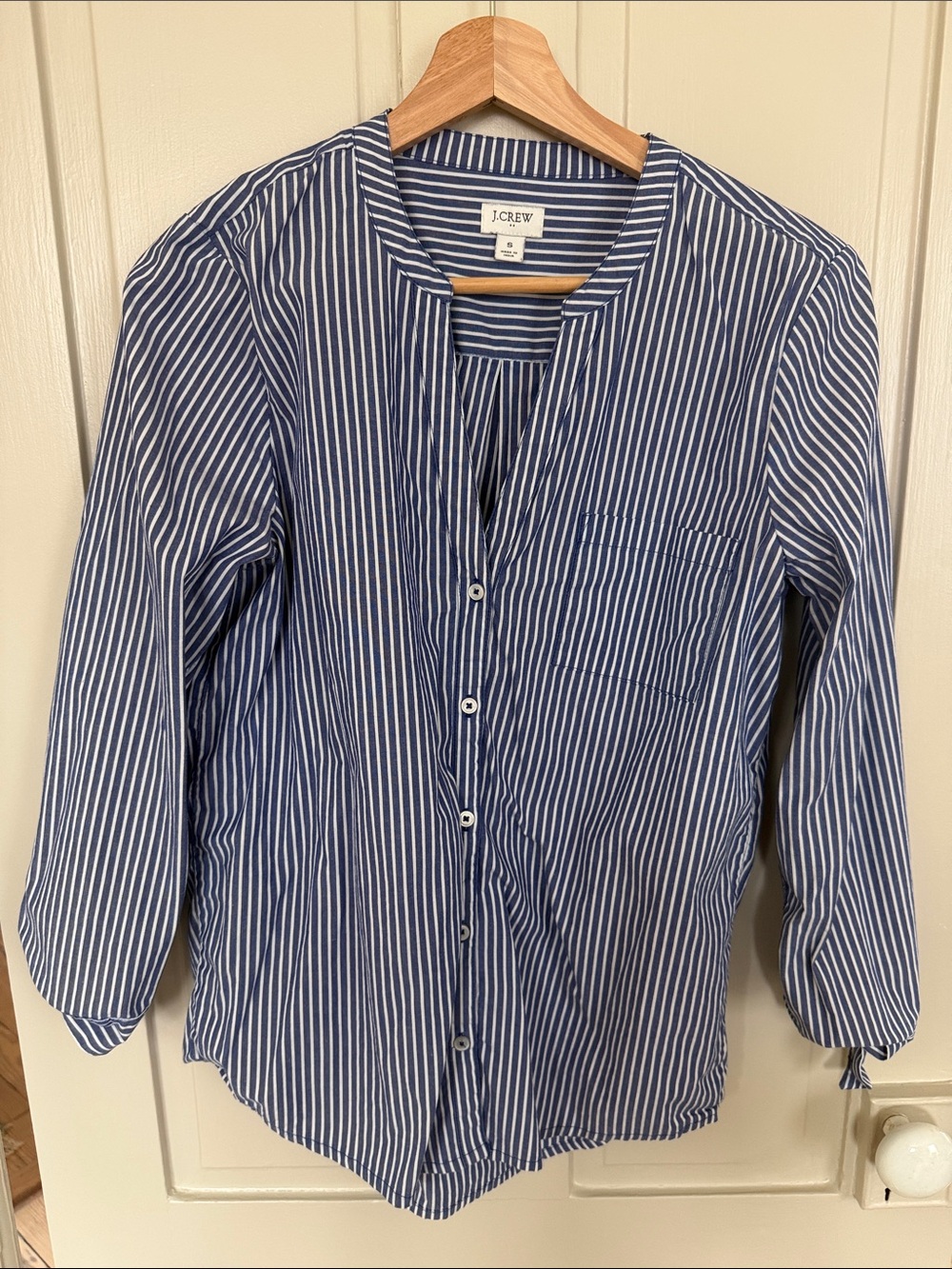 J. Crew Blue and White Striped Collarless Button-Up Shirt